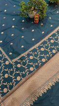 Teal Peacock Blue Banarasi Silk Saree Golden Zari Booti Heavy Border — Manglam Banaras 