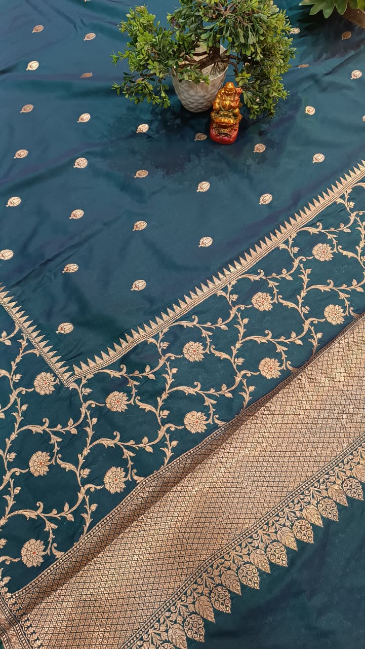 Teal Peacock Blue Banarasi Silk Saree Golden Zari Booti Heavy Border — Manglam Banaras 