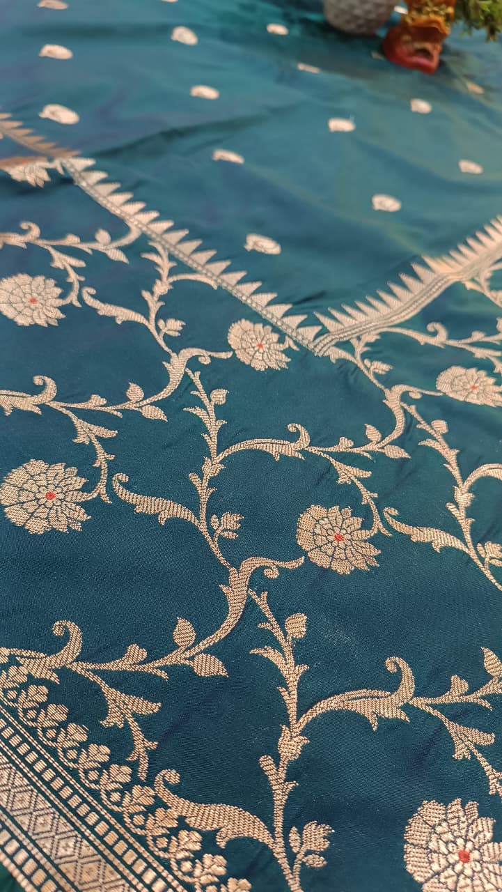 Teal Peacock Blue Banarasi Silk Saree | Golden Zari Booti Heavy Border — Manglam Banaras