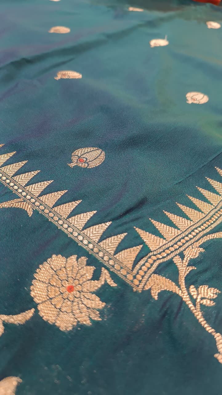 Teal Peacock Blue Banarasi Silk Saree | Golden Zari Booti Heavy Border — Manglam Banaras