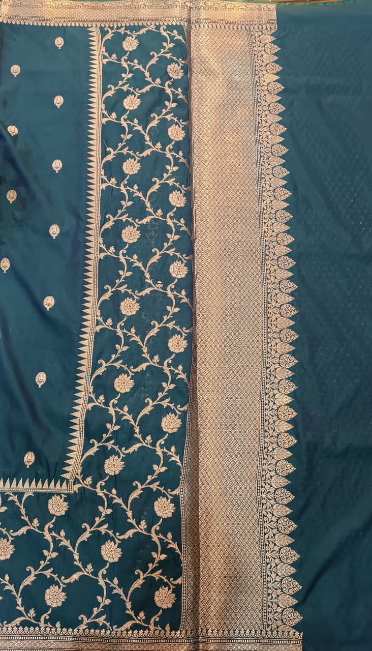 Teal Peacock Blue Banarasi Silk Saree | Golden Zari Booti Heavy Border — Manglam Banaras