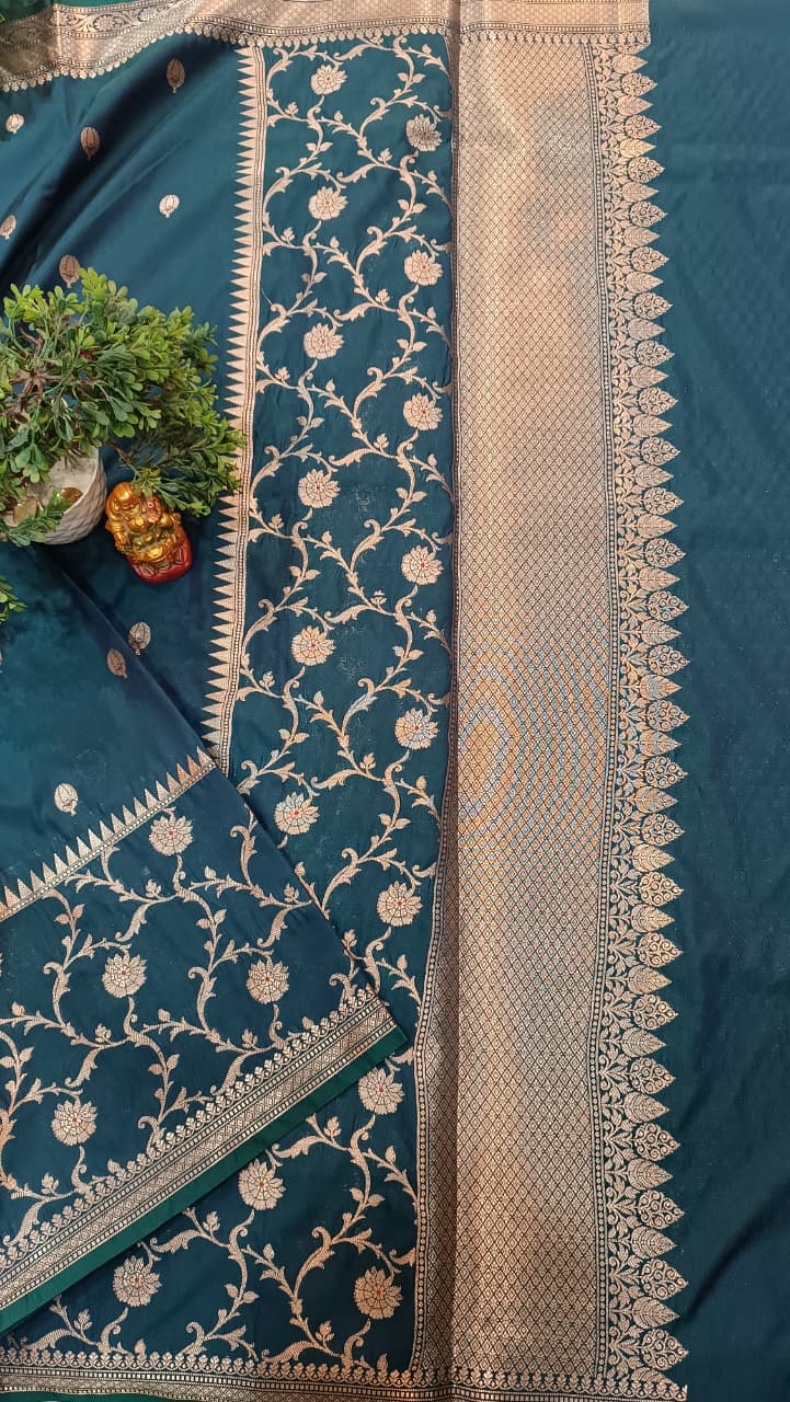 Teal Peacock Blue Banarasi Silk Saree | Golden Zari Booti Heavy Border — Manglam Banaras