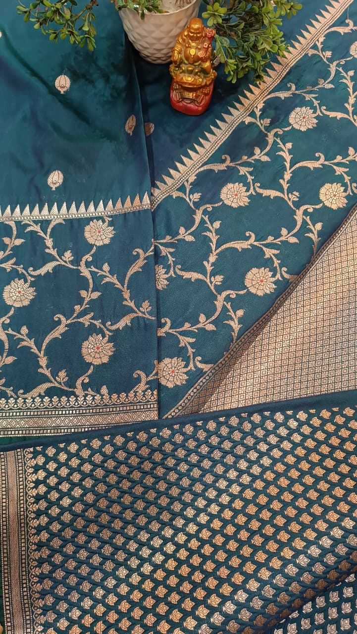Teal Peacock Blue Banarasi Silk Saree | Golden Zari Booti Heavy Border — Manglam Banaras