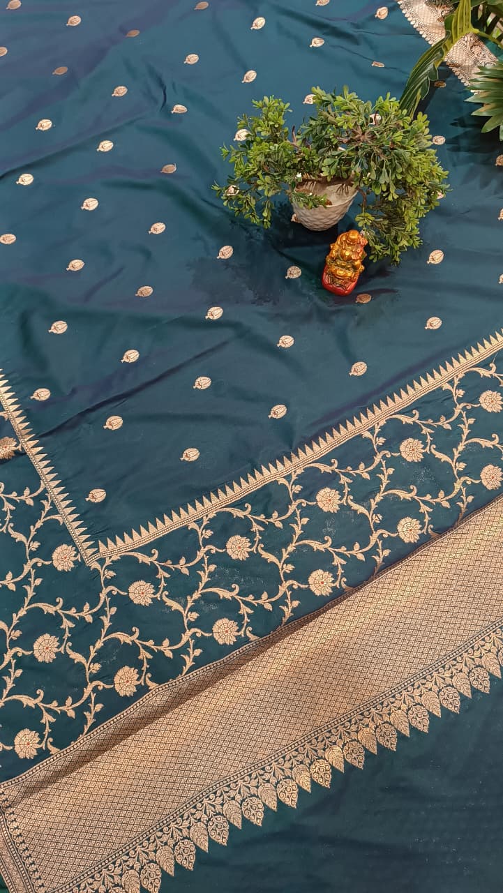Teal Peacock Blue Banarasi Silk Saree | Golden Zari Booti Heavy Border — Manglam Banaras