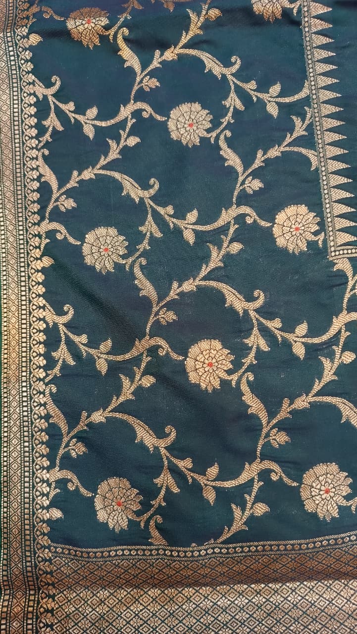 Teal Peacock Blue Banarasi Silk Saree | Golden Zari Booti Heavy Border — Manglam Banaras