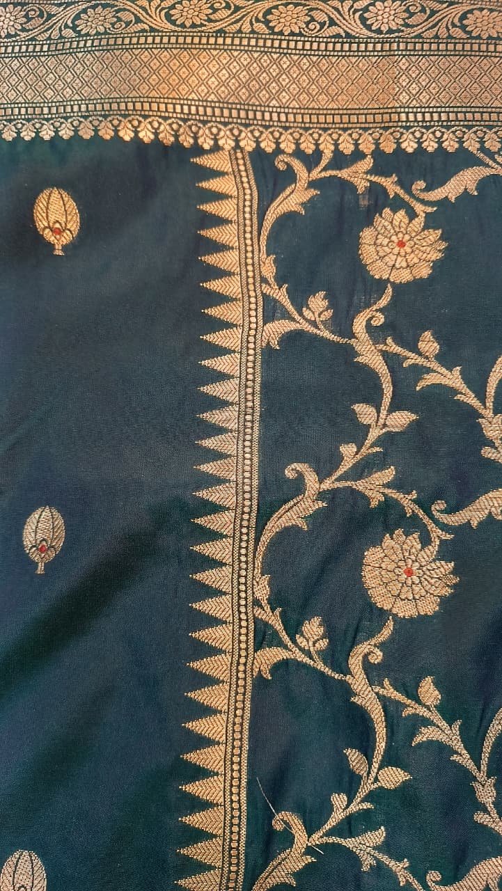 Teal Peacock Blue Banarasi Silk Saree | Golden Zari Booti Heavy Border — Manglam Banaras