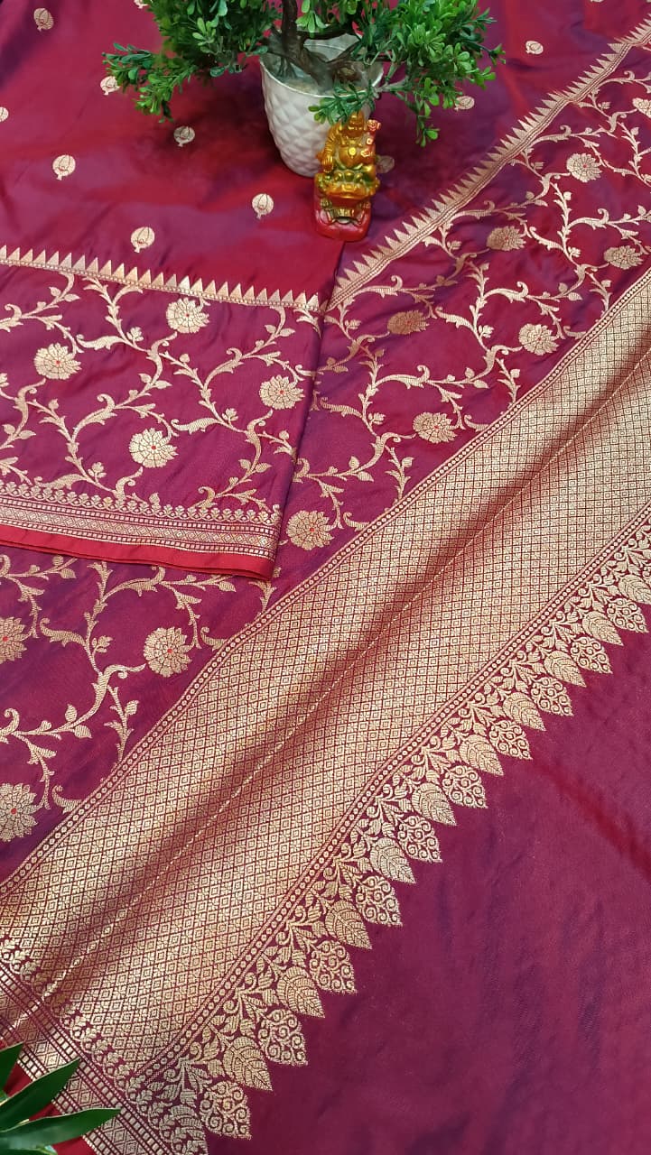 Vintage Wine Banarasi Silk Saree Golden Zari Bootis Heavy Border — Manglam Banaras
