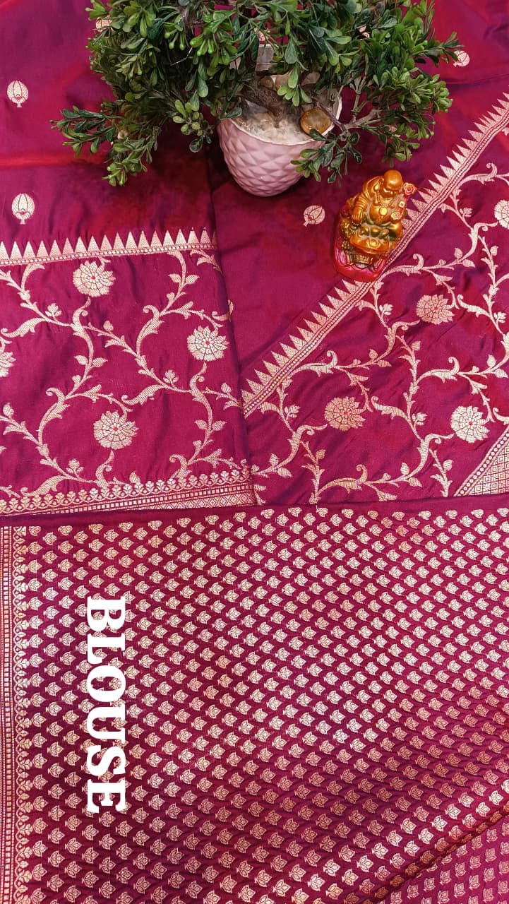Vintage Wine Banarasi Silk Saree Golden Zari Bootis Heavy Border — Manglam Banaras