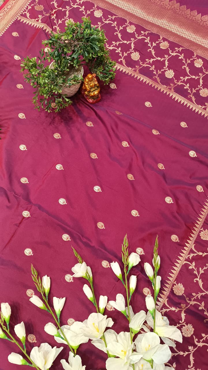 Vintage Wine Banarasi Silk Saree Golden Zari Bootis Heavy Border — Manglam Banaras