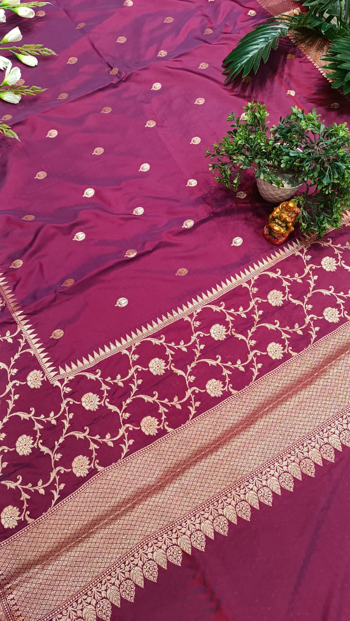 Vintage Wine Banarasi Silk Saree Golden Zari Bootis Heavy Border — Manglam Banaras