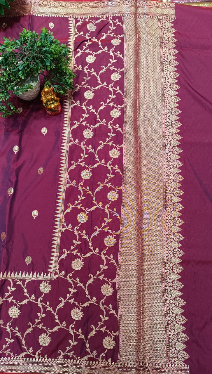 Vintage Wine Banarasi Silk Saree Golden Zari Bootis Heavy Border — Manglam Banaras