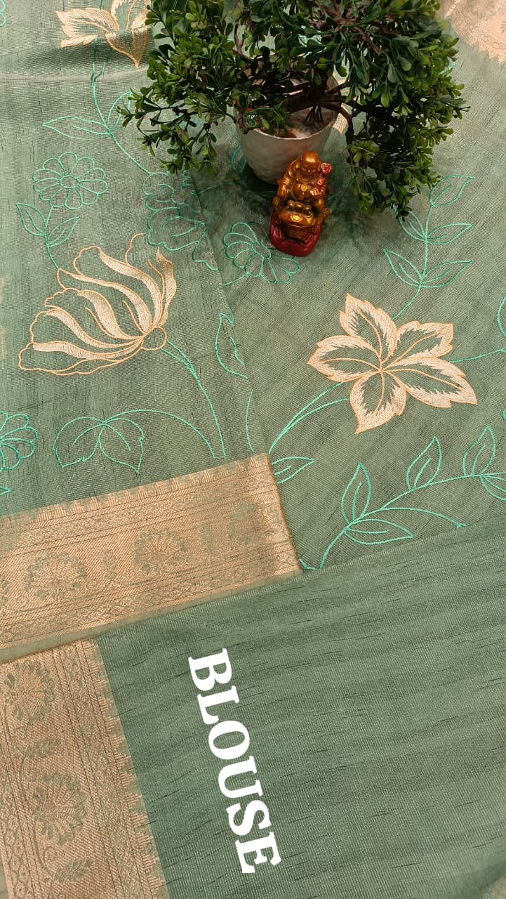 Pistachio Dream Cotton Saree | Floral Thread Embroidery | Manglam Banaras