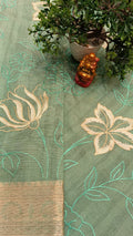 Pistachio Dream Cotton Saree Floral Thread Embroidery Golden Zari Border — Manglam Banaras Varanasi