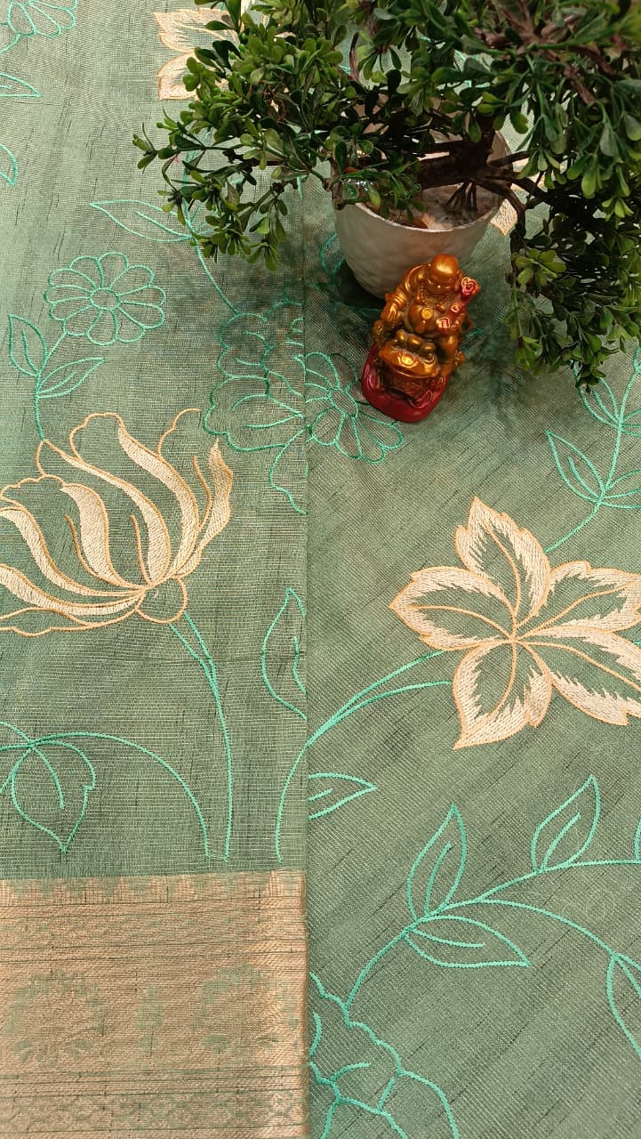 Pistachio Dream Cotton Saree Floral Thread Embroidery Golden Zari Border — Manglam Banaras Varanasi