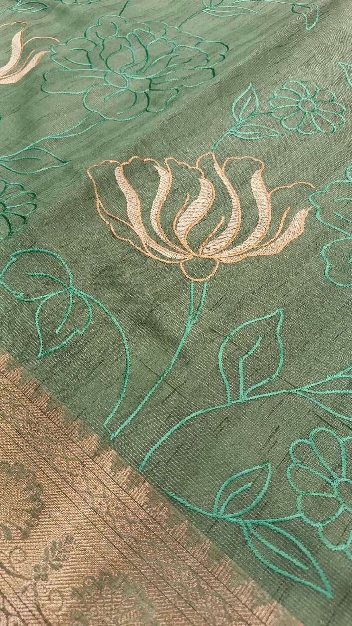 Pistachio Dream Cotton Saree | Floral Thread Embroidery | Manglam Banaras
