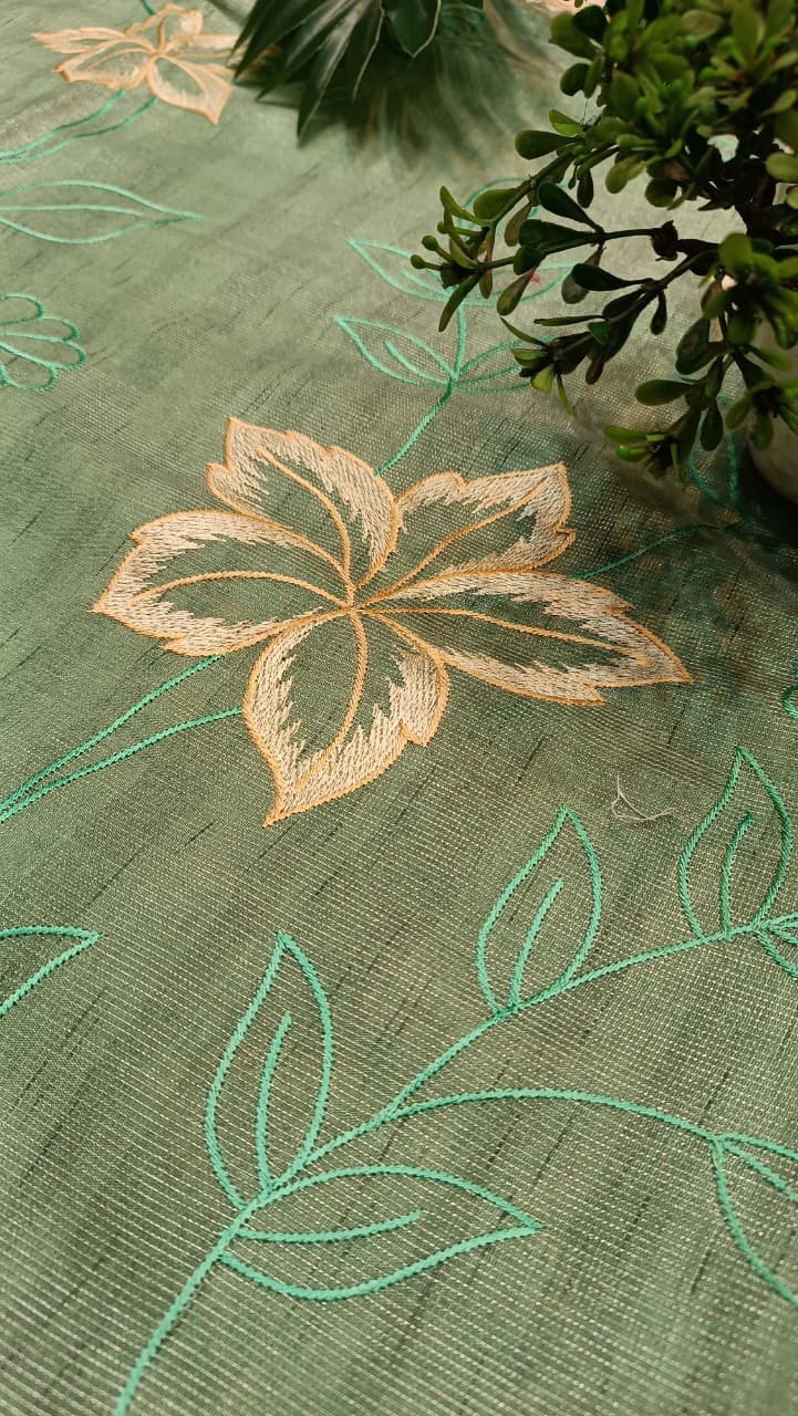 Pistachio Dream Cotton Saree | Floral Thread Embroidery | Manglam Banaras