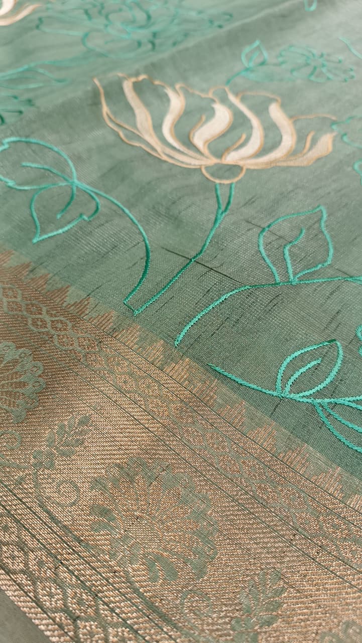 Pistachio Dream Cotton Saree | Floral Thread Embroidery | Manglam Banaras