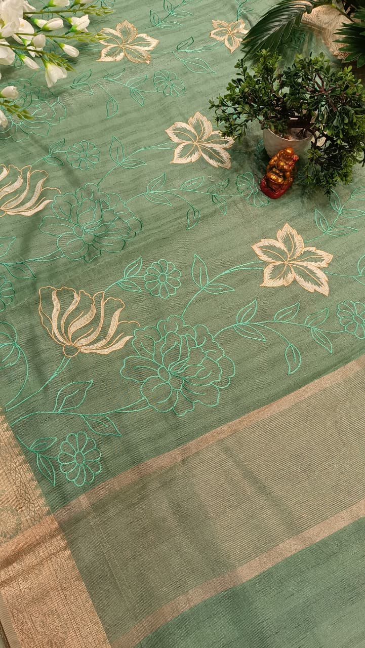 Pistachio Dream Cotton Saree | Floral Thread Embroidery | Manglam Banaras