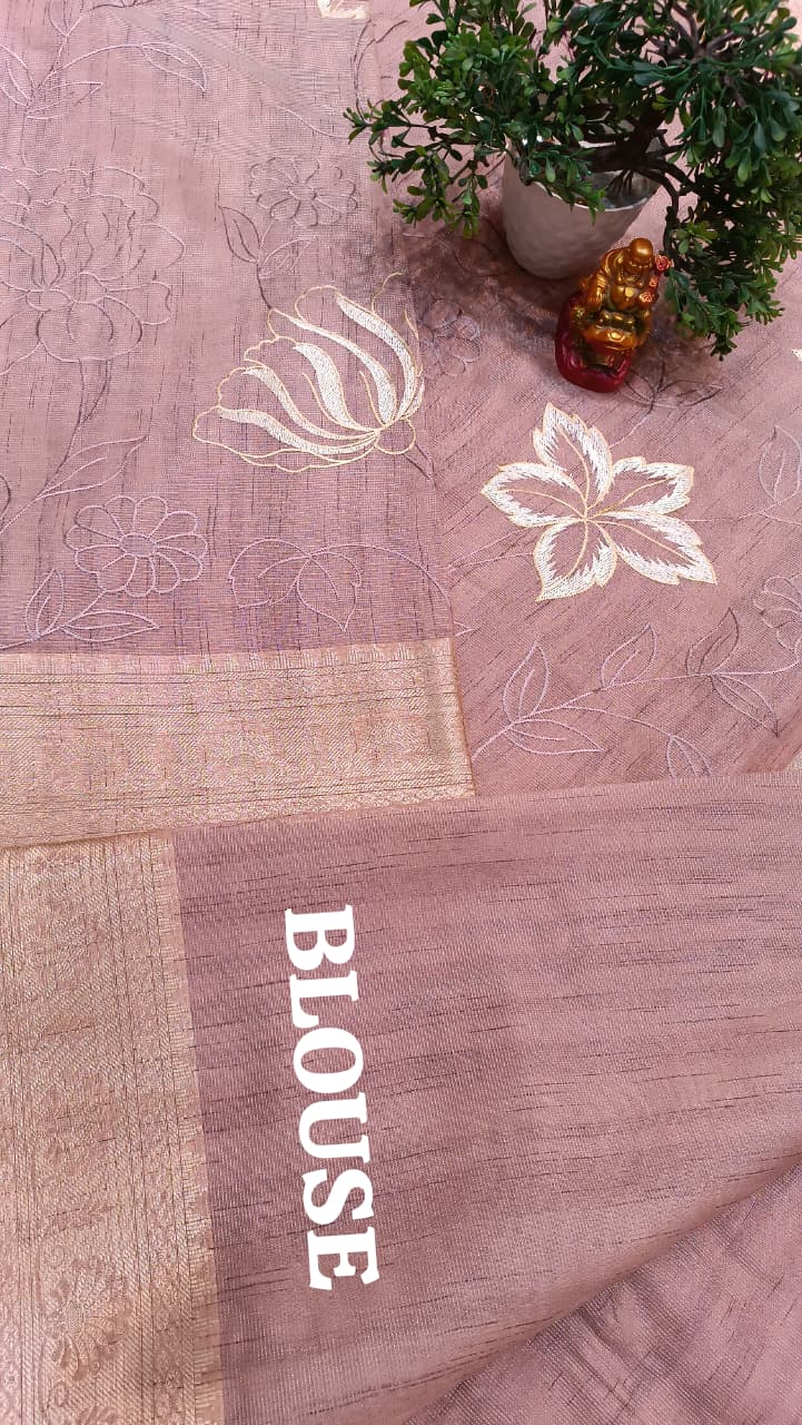 Rosewood Dream Cotton Saree | Floral Thread Embroidery | Manglam Banaras