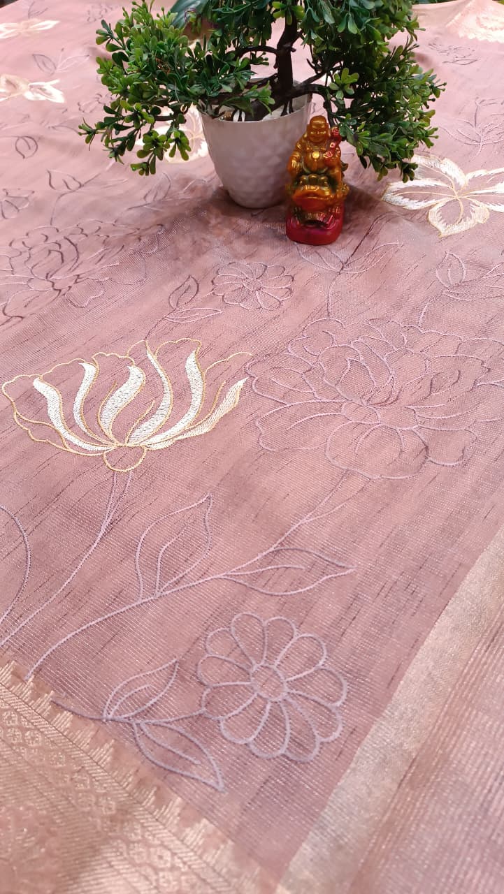 Rosewood Dream Cotton Saree | Floral Thread Embroidery | Manglam Banaras