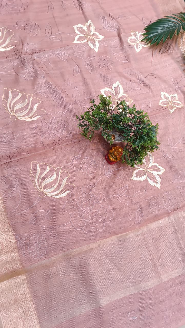 Rosewood Dream Cotton Saree | Floral Thread Embroidery | Manglam Banaras
