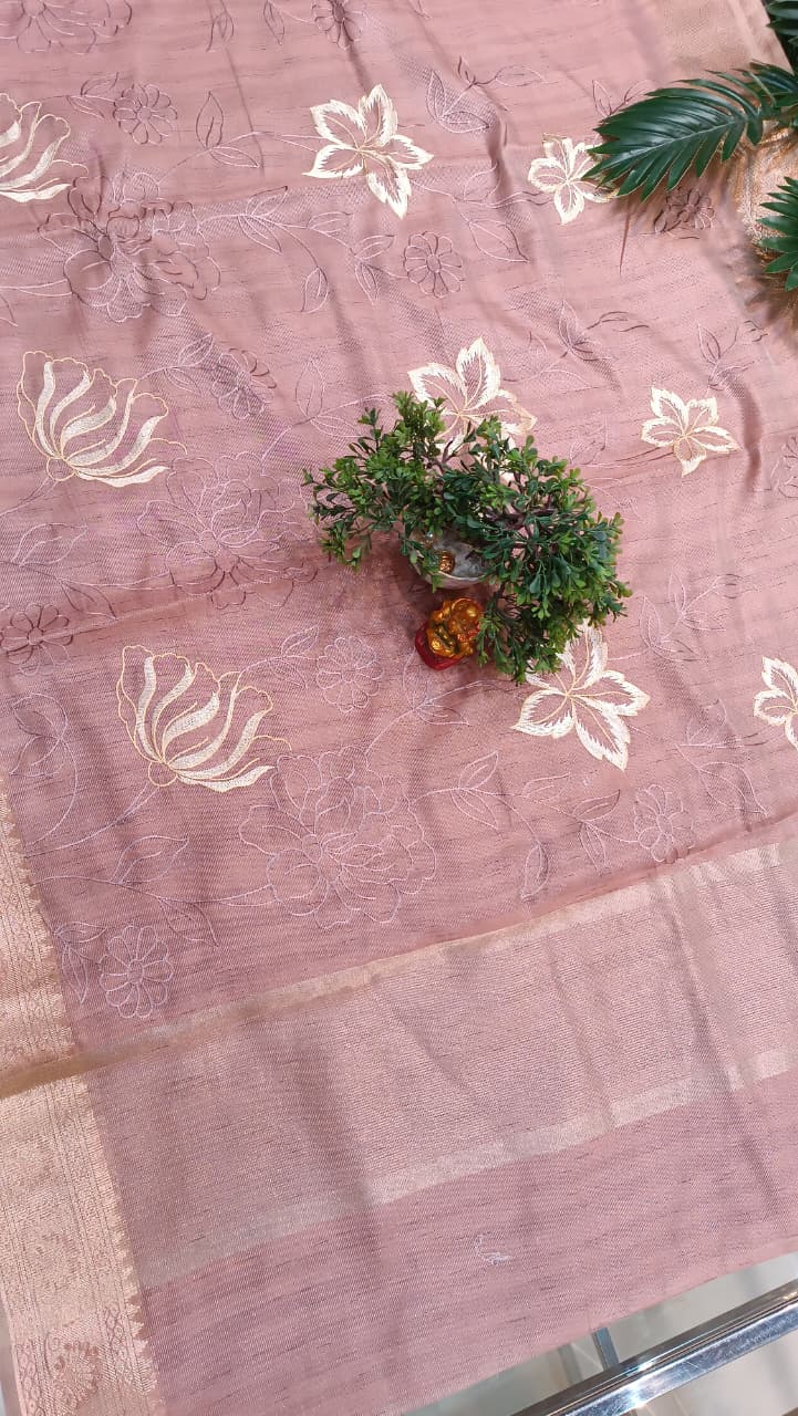 Rosewood Dream Cotton Saree | Floral Thread Embroidery | Manglam Banaras