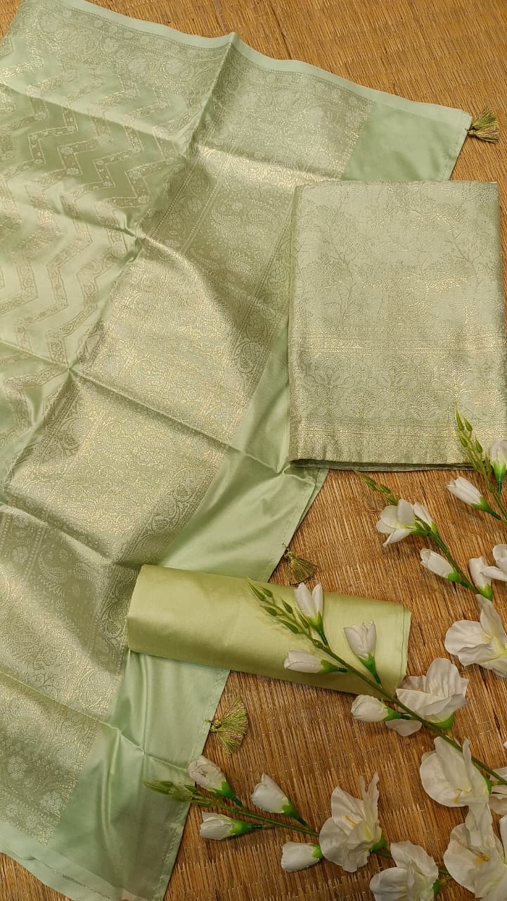 Pastel Green Banarasi Silk Suit Set | Golden Zari Work 3 Piece
