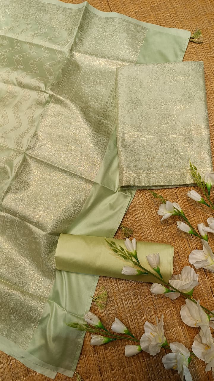 Pastel Green Banarasi Silk Suit Set | Golden Zari Work 3 Piece