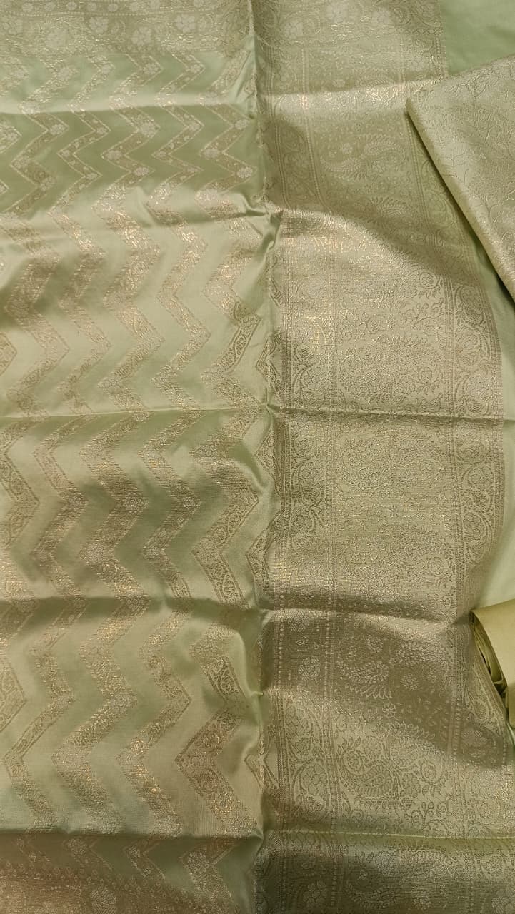 Pastel Green Banarasi Silk Suit Set | Golden Zari Work 3 Piece