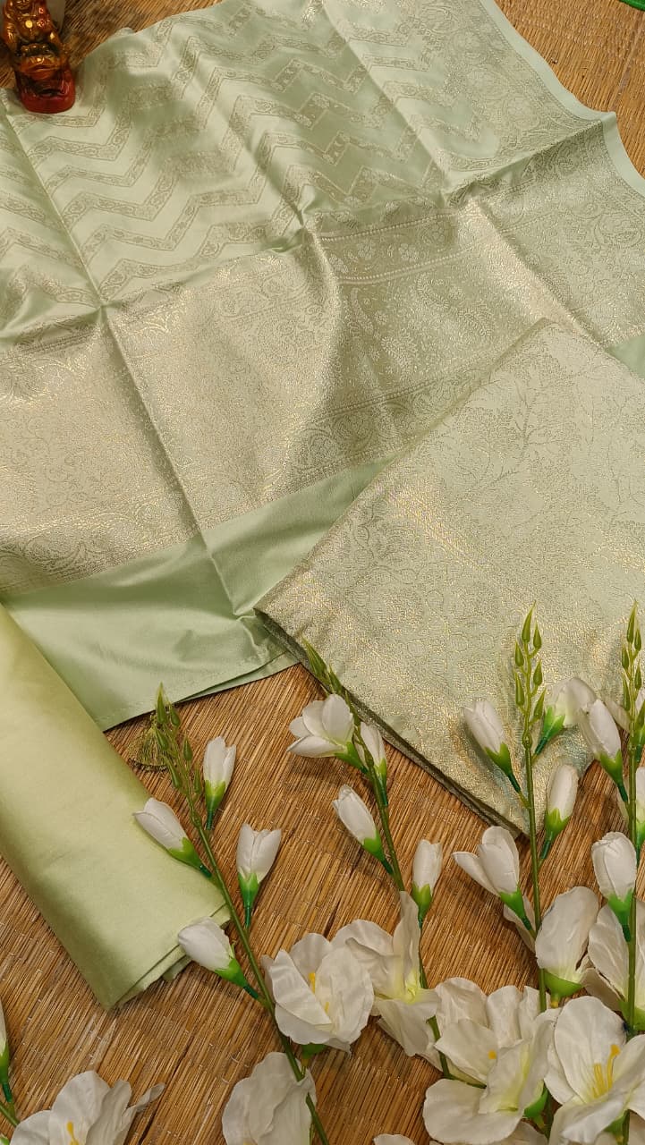 Pastel Green Banarasi Silk Suit Set | Golden Zari Work 3 Piece