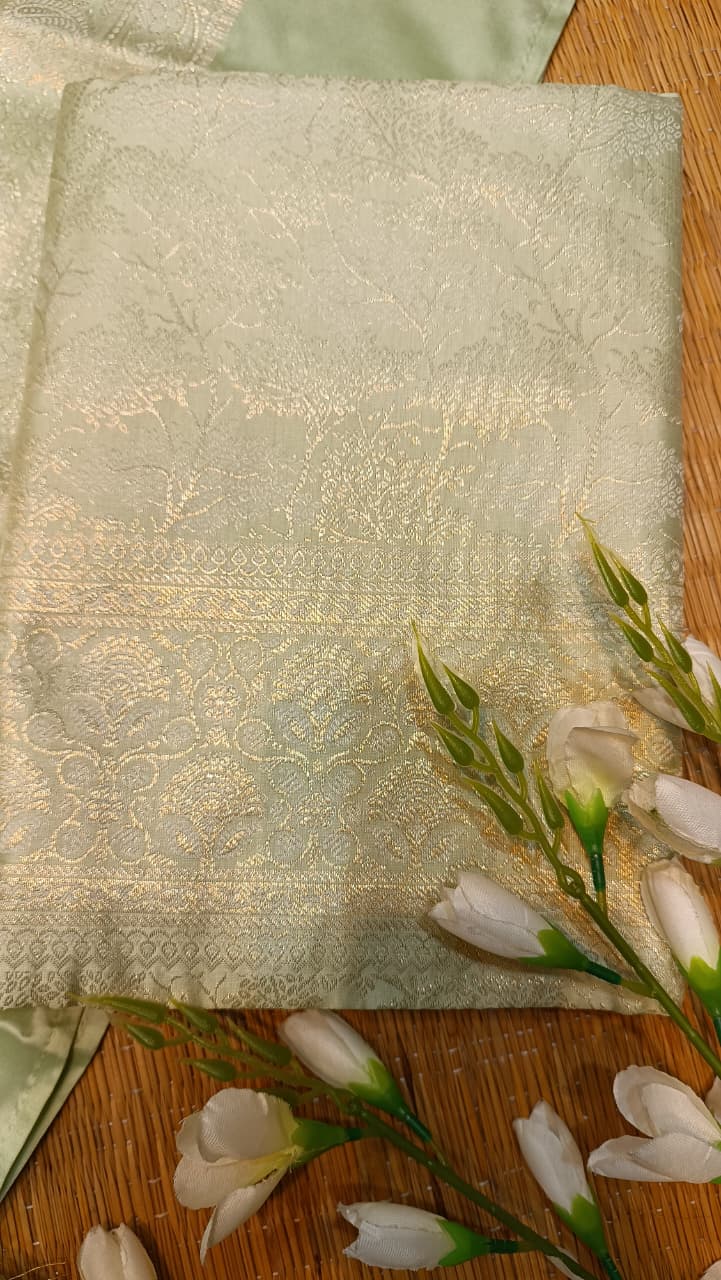Pastel Green Banarasi Silk Suit Set | Golden Zari Work 3 Piece
