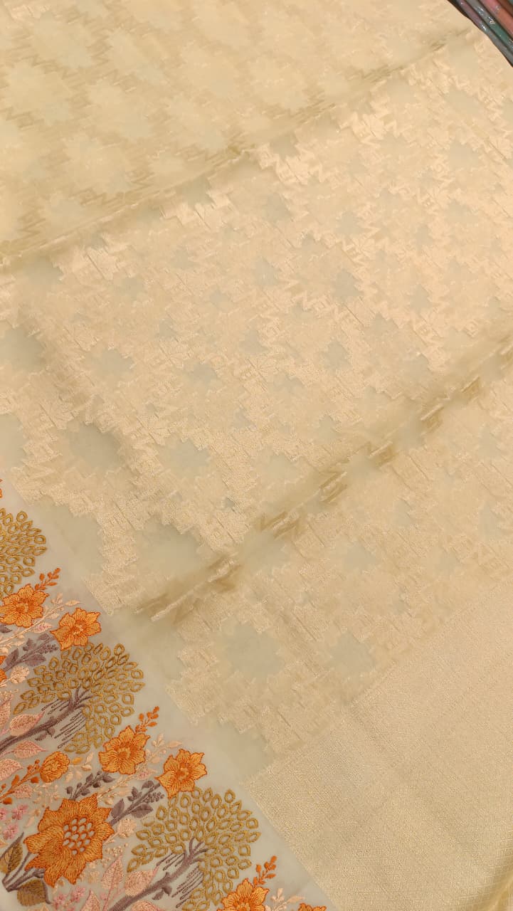 Cream Kota Tissue Saree with Embroidery Border | Buy Online — Manglam Banaras, Varanasi