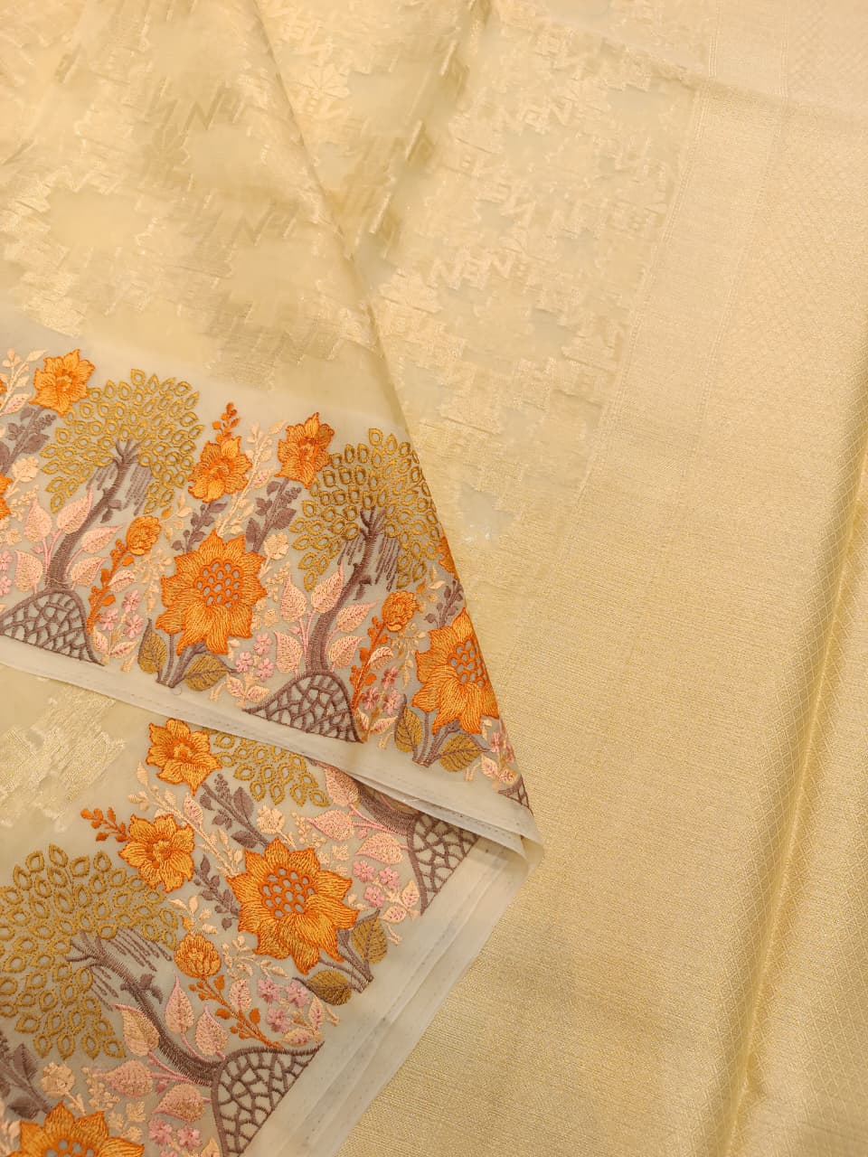 Cream Kota Tissue Saree with Embroidery Border | Buy Online — Manglam Banaras, Varanasi