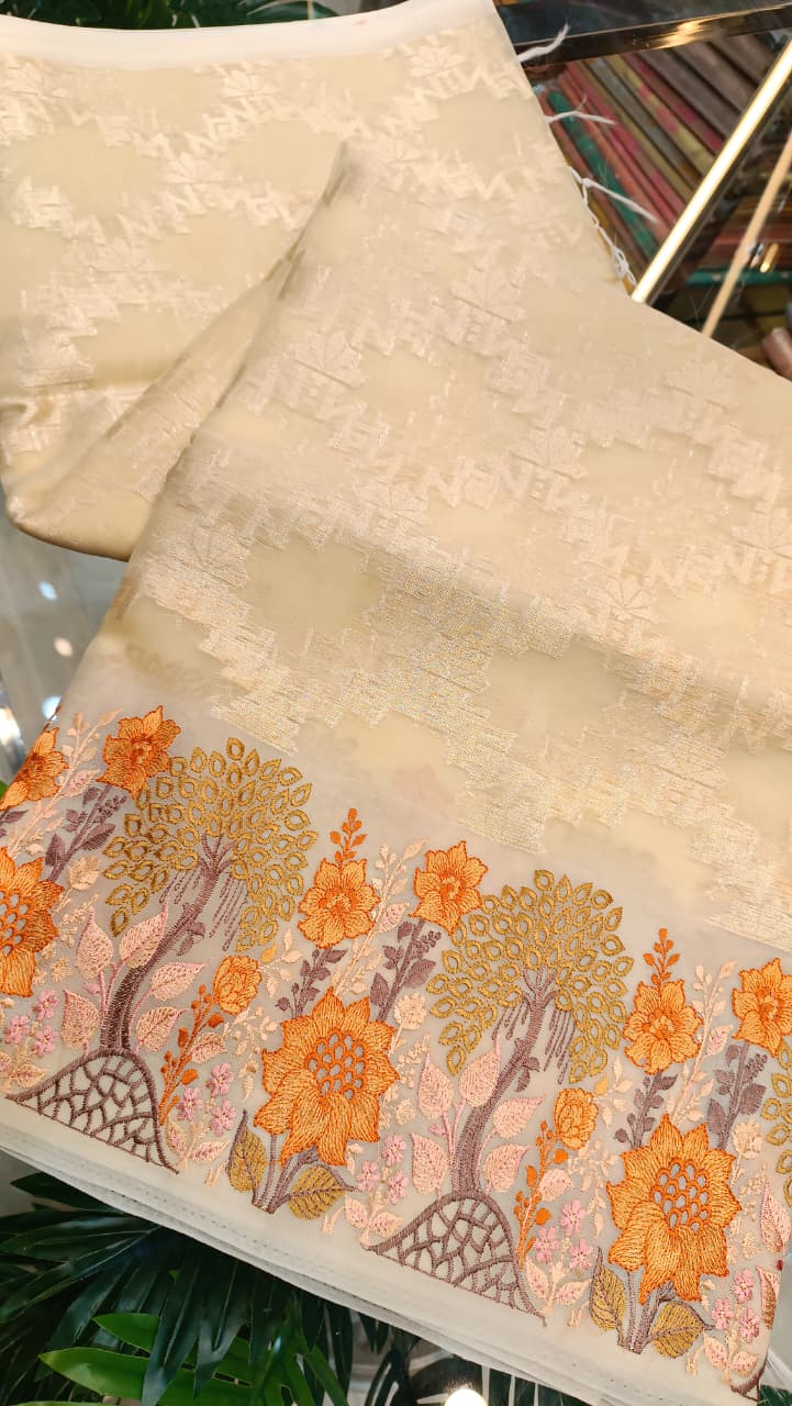 Cream Kota Tissue Saree with Embroidery Border | Buy Online — Manglam Banaras, Varanasi