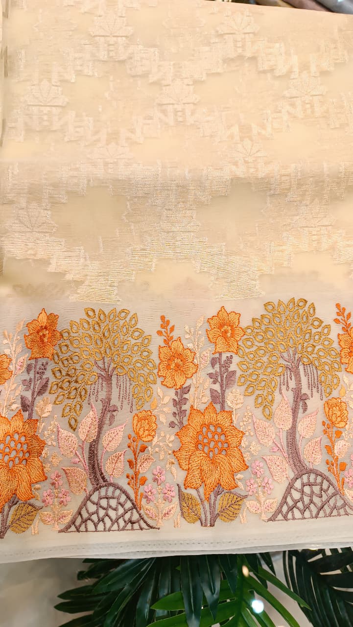 Cream Kota Tissue Saree with Embroidery Border | Buy Online — Manglam Banaras, Varanasi